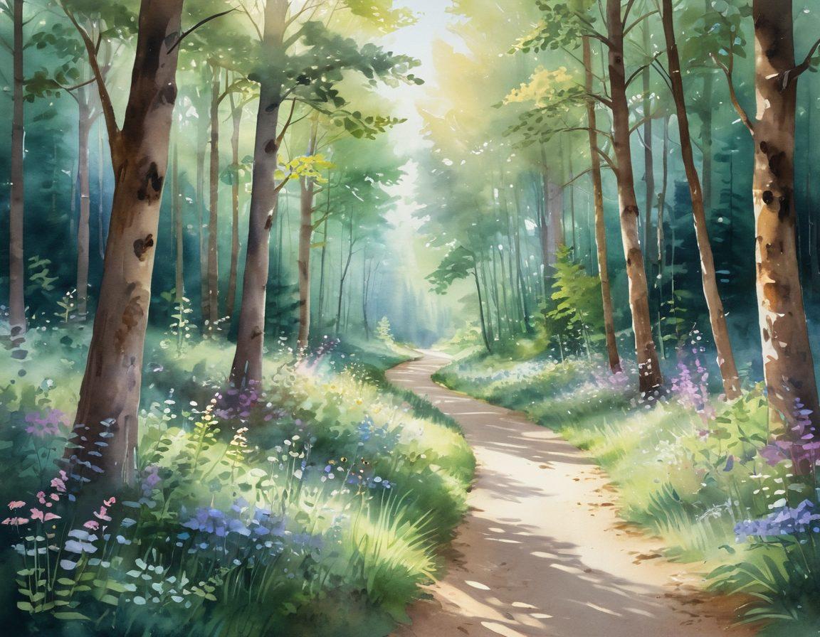 A serene landscape depicting a path through a peaceful forest, with sunlight filtering through the trees, symbolizing hope and healing. Along the path, include subtle signs of wellness such as blooming flowers and butterflies, reflecting a journey of empowerment in cancer care. Incorporate diverse individuals walking together, sharing supportive moments. soft watercolor style. vibrant colors. ethereal light.