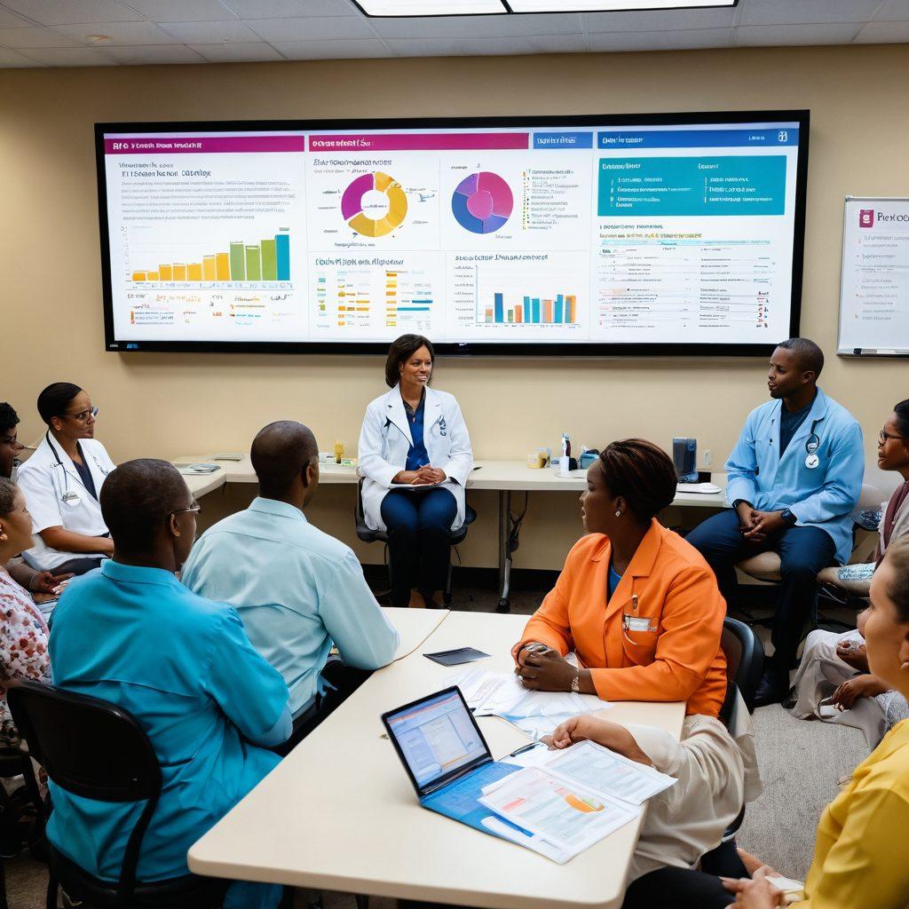 A scene depicting a diverse group of healthcare professionals and patients engaged in a community health workshop, discussing cancer care strategies. Include charts and medical insights displayed on a large screen, interactive sessions with patients, and a warm, supportive atmosphere that highlights empowerment and collaboration. Use bright, uplifting colors to evoke hope and resilience. vibrant colors. super-realistic.