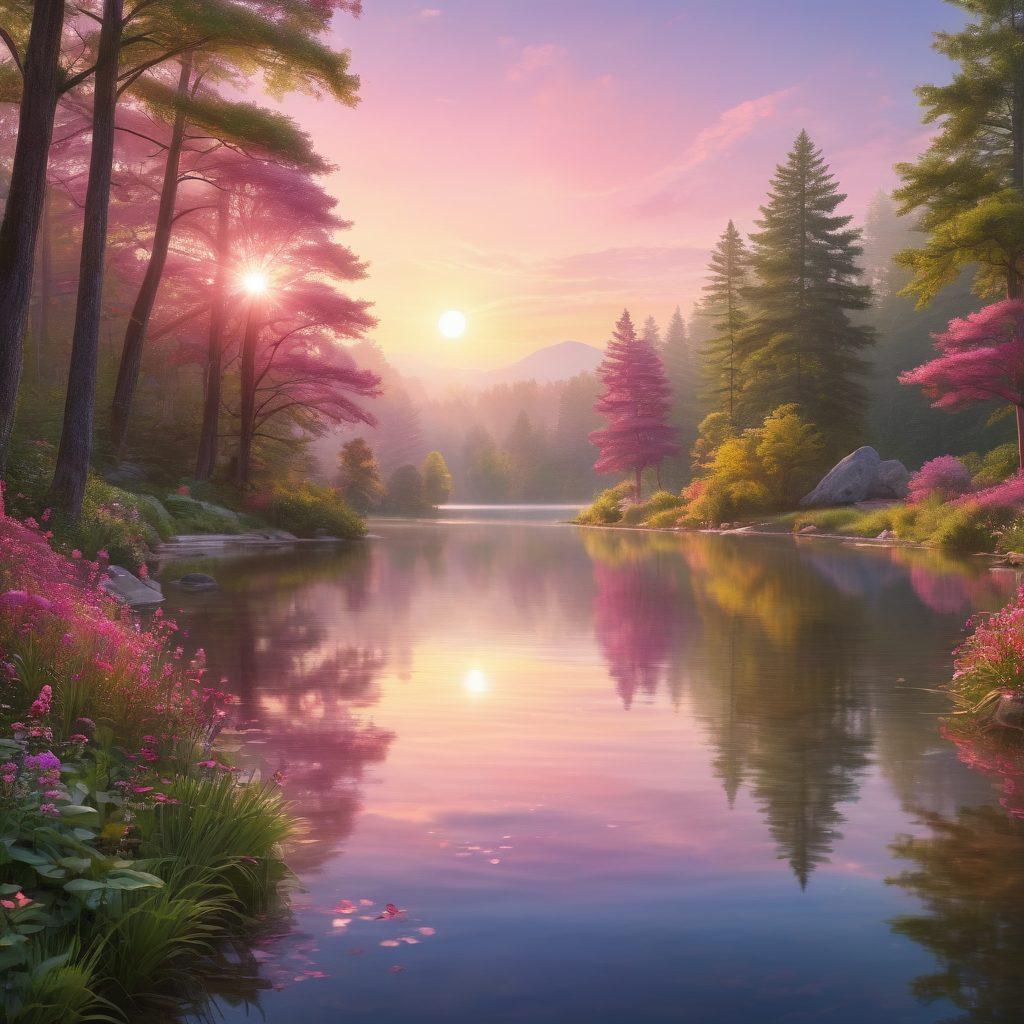 A serene landscape featuring a sunrise over a tranquil lake, symbolizing hope and healing. Include a diverse group of people engaging in wellness activities like yoga and meditation, surrounded by lush greenery. Integrate elements of oncology awareness, such as pink ribbons subtly blended into the scenery. Emphasize a harmonious balance between nature and health. vibrant colors. super-realistic.